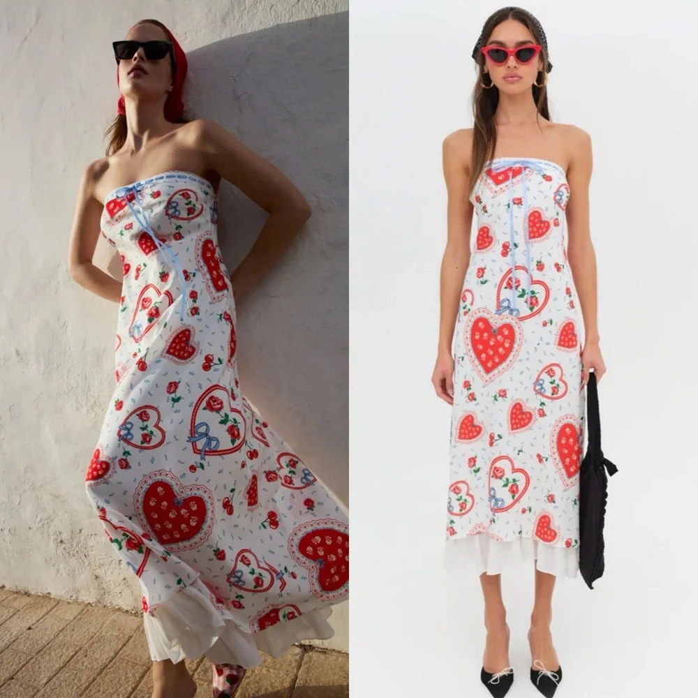 For Love & Lemons Daisy Mae Heart Cherry Print Strapless Ruffle Midi Dress - Picture 2 of 12